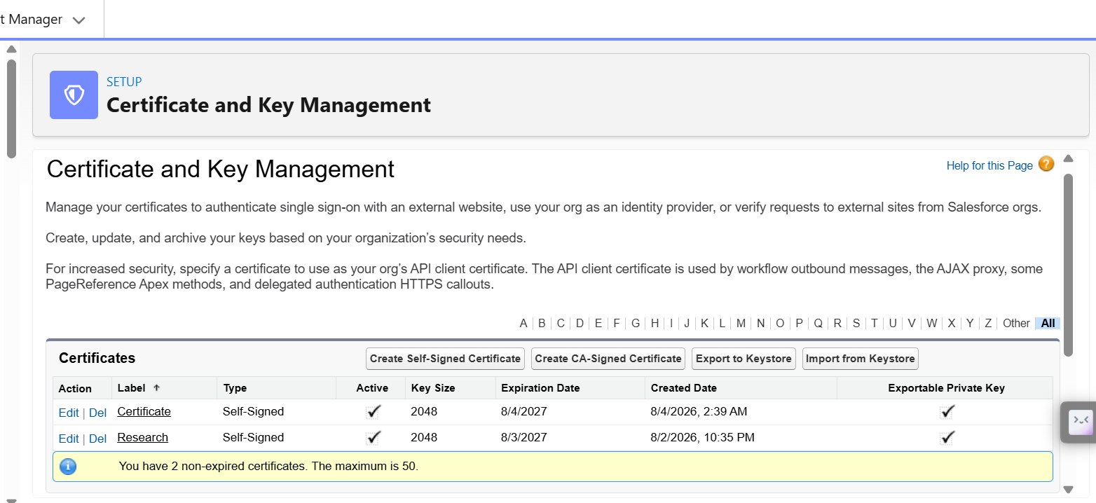 Certificate and Key Management page showing the newly created self-signed certificate