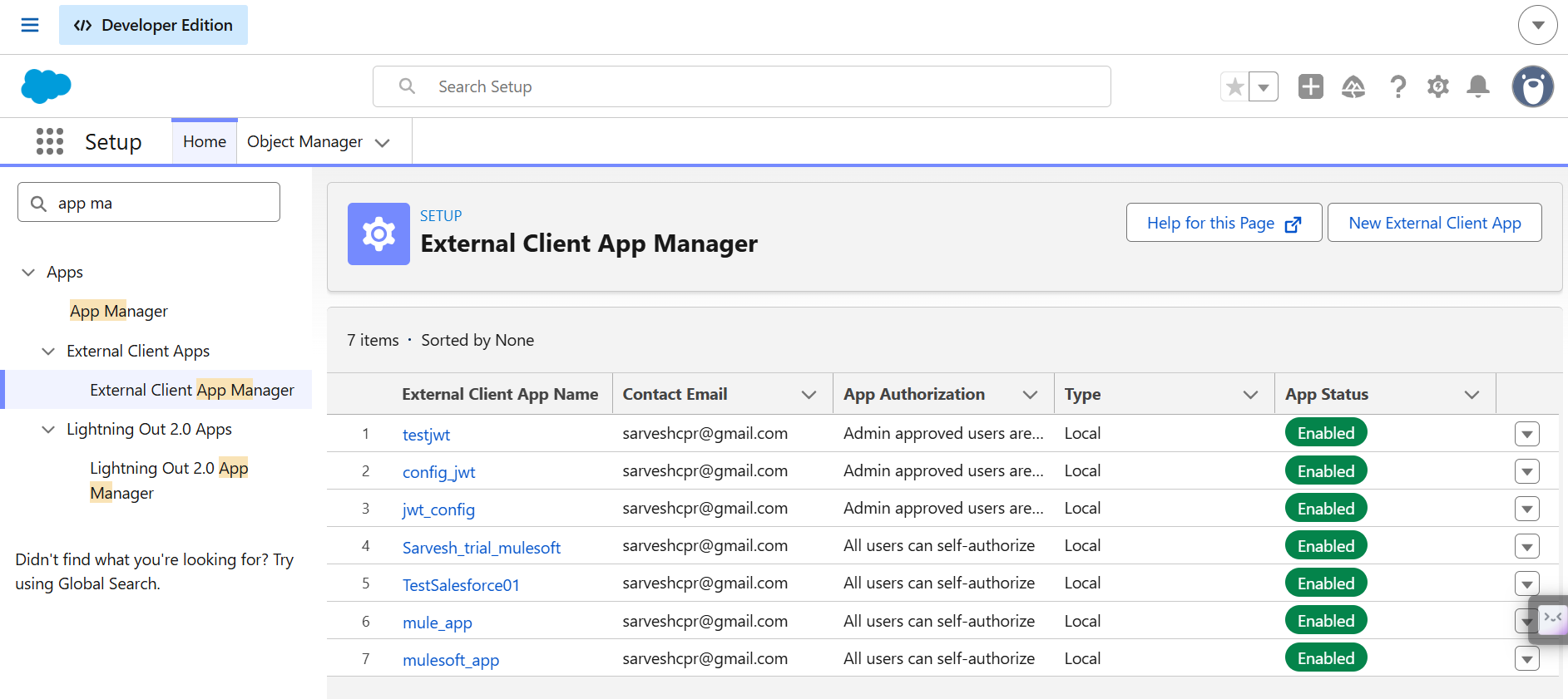External Client App Manager showing existing apps in the org