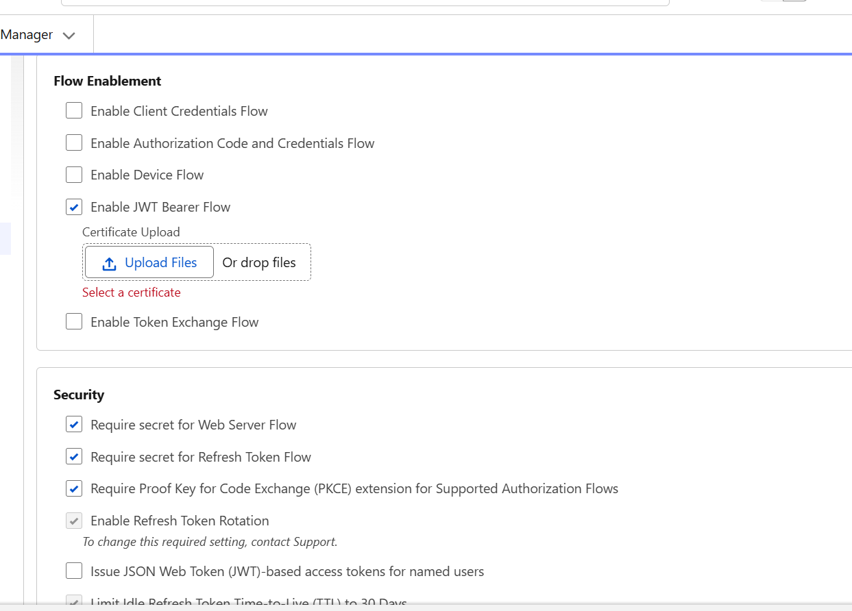 Flow Enablement section — JWT Bearer Flow enabled with the certificate uploaded