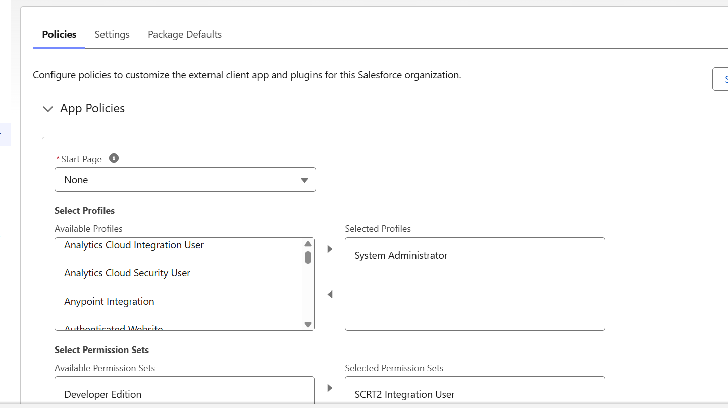 App Policies tab — selecting the System Administrator profile and the SCRT2 Integration User permission set